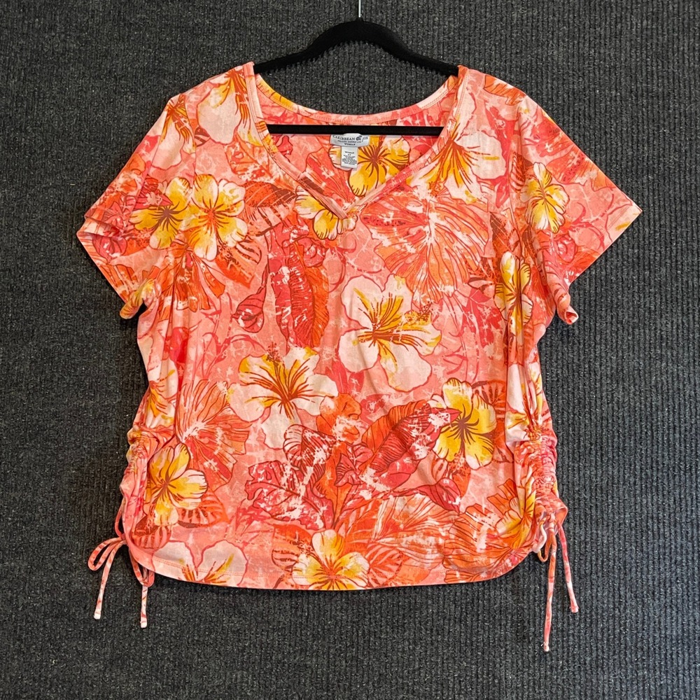 Caribbean Joe Woman 2X Tropical Hibiscus Floral Cinch Side V-Neck Top Coral